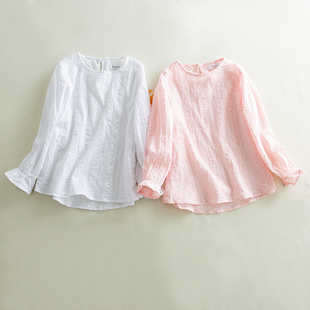 9B1 女童衬衫110-140女孩纯棉长袖T恤衫甜美可爱打底白色粉色衬衣