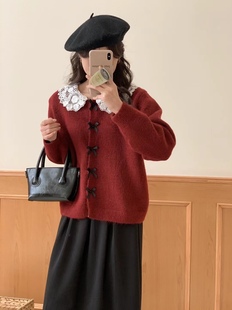韩系甜美风拼接蕾丝娃娃领针织衫开衫女减龄学院风毛衣外套早春款