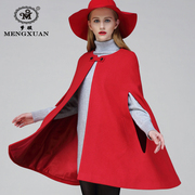 纯色羊毛呢斗篷外套，女士秋冬中长款英伦驼色红色，披肩气质短款大衣