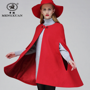 纯色羊毛呢斗篷外套女士，秋冬中长款英伦，驼色红色披肩气质短款大衣