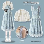 夏季裙子套装女设计感短款上衣绝美奶fufu连衣裙法式桔梗两件套裙