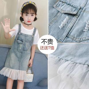 女童夏装2023牛仔韩版中大童洋气时髦潮衣夏季儿童背带裙套装