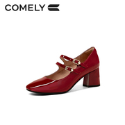 康莉2023年春季复古玛丽珍鞋红色珍珠漆皮，高跟鞋粗跟单鞋女