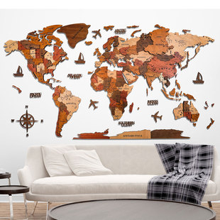 北欧3d立体实木质世界地图墙面，装饰创意客厅沙发背景墙贴办公室