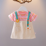 夏季女宝宝洋气背带裙，1-3岁女童条纹连衣裙，韩版2婴儿短袖裙子