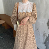 韩国chic秋季法式复古蕾丝，拼接镂空设计高腰显瘦长袖碎花连衣裙女