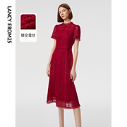 朗姿法式蕾丝时尚镂空红色连衣裙，女春夏气质高级感中长款裙子
