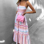 Women's fashion long summer striped suspender dress 条纹长裙
