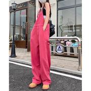 kumikumi玫粉色牛仔裤女设计感减龄背带裤夏季宽松阔腿裤拖地裤子