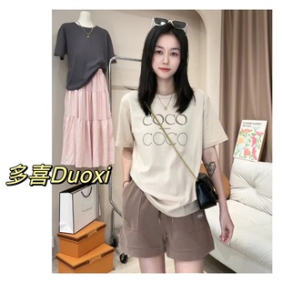 Duoxi+coco印花短袖T恤女夏季休闲时尚百搭显瘦上衣