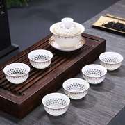冰晶蜂巢玲珑陶瓷茶具整套镂空青花金线功夫茶具盖碗茶杯套装