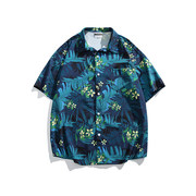 大阪纪潮牌美式碎花短袖衬衫，夏威夷风休闲沙滩短袖花衬衣薄款外套