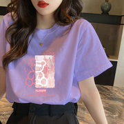 2022年卡通小熊短袖T恤女夏甜酷ins潮设计感小众紫色上衣体恤