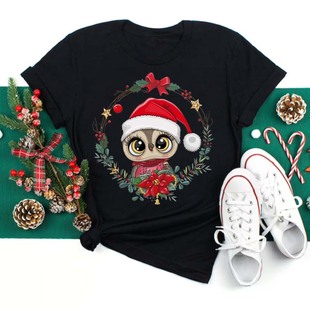 Merry Christmas圣诞快乐时尚猫头鹰动物图案印花女装T恤女男上衣