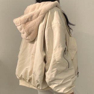 韩国chic休闲气质宽松加绒加厚两面穿羊羔毛棉服(毛棉服，)女外套秋冬季棉衣
