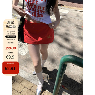 label方红色半身裙女2024年夏季韩版刺绣高腰，小众a字短裙ins