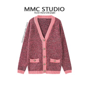 mmc花纱紫红色v领撞色开衫，女气质款，百搭休闲单排扣秋冬毛衣外套