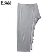 BBWM 欧美女装金属色线不规则中腰半身裙百搭中长裙