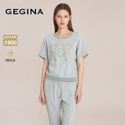 蕾丝gegina吉吉娜2023绣花短袖，t恤女圆领时尚螺纹边上衣