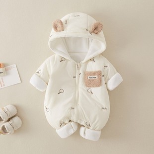 初生婴儿衣服秋冬装新生宝宝加绒保暖薄棉连体衣夹，棉幼儿外出棉衣