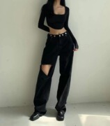 韩国女装2023秋款超酷高腰可调节腰时尚破洞潮款阔腿牛仔裤