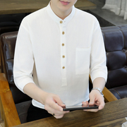 七分袖衬衫男夏季韩版潮流青年，男装亚麻短袖，衬衣中袖棉麻男士寸衫