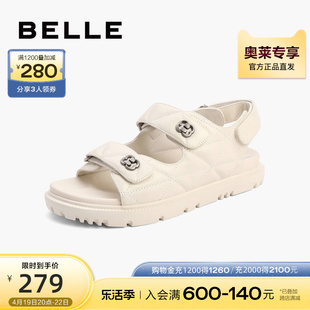 百丽小香风平底凉鞋女夏季商场羊皮革休闲运动凉鞋BED34BL2