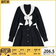 【9折】designerplus法式显瘦连衣裙甜美蝴蝶结，漏腰黑色牛仔裙女