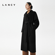lancy朗姿2023秋冬黑色，气质羊绒大衣女，宽松毛呢外套简约高级