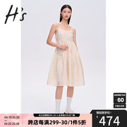 hs奥莱2022夏季法式钉珠蝴蝶结提花拼接吊带，中长款女士连衣裙