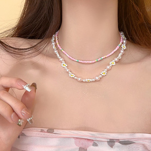 srrmhyn粉色珍珠花朵项链2件套 清新夏日锁骨链甜美可爱少女