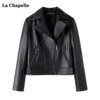 拉夏贝尔/La Chapelle复古机车黑色皮衣女春季柔软短款外套
