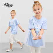 迪士尼女童网纱拼接中长款短袖t恤儿童速干针织体恤衫2024夏装新