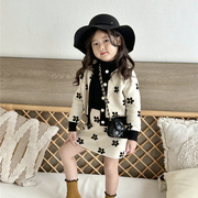 韩国童装女童小香风毛衣套装，2024春女宝，洋气花朵开衫半身裙两件套