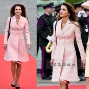 高级定制王妃同款浅粉色双排，扣羊毛西装，大衣毛呢外套中款修身大摆