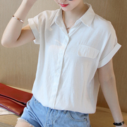2024夏装韩版棉麻白衬衫，女显瘦百搭翻领，亚麻衬衣短袖女装宽松上衣