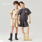 LittleLine24SS 可爱猫头鹰 手绘印花短袖T恤+短裤 儿童夏日套装