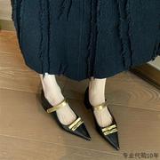 网红设计感尖头粗跟单鞋，女2024法式气质蝴蝶结，一字带玛丽珍鞋