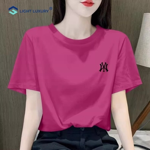 短袖T恤女2024夏季高端减龄玫红色纯棉宽松正肩休闲内搭体恤衫