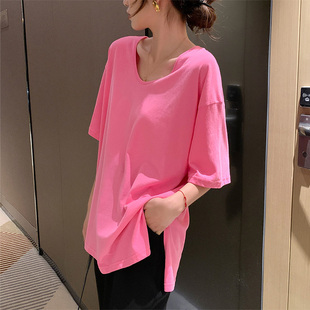 韩国版型设计纯棉简约百搭大领口宽松中长款纯色，短袖t恤衫女夏装
