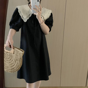 韩版双层蕾丝娃娃领超显瘦黑色连衣裙休闲气质，a字裙女短袖垂感裙