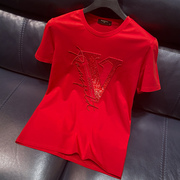 欧货潮牌夏季短袖V字母亮片刺绣红色T恤男丝光棉修身高端上衣冰丝