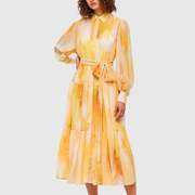 秋季 翻领单排扣长袖 渐变印花系带收腰显瘦连衣裙黄色单件抽象