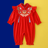 一周岁礼服女宝宝抓周百岁宴唐装婴儿满月衣服，喜庆红色连体衣春季