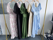微瑕夏季法式复古高级感时尚气质收腰显瘦泡泡袖纯色连衣裙C3