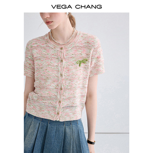 vegachang针织衫，女2024年夏季镂空设计感花色针织开衫上衣