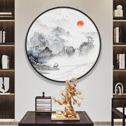 新中式装饰画办公室圆形，入户玄关客厅画山水画禅意，茶室挂画水墨画