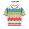 九州诚品jzzdemm彩色，大波浪条纹镂空针织，短袖女夏季薄款外搭上衣