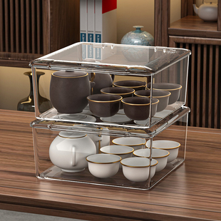 茶具收纳盒带盖防尘冰箱整理桌面，透明放零食功夫茶酒亚克力杯子架