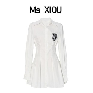 Ms XIDU 原创设计款学院风纯欲高腰白色衬衫裙收腰荷叶边连衣裙女